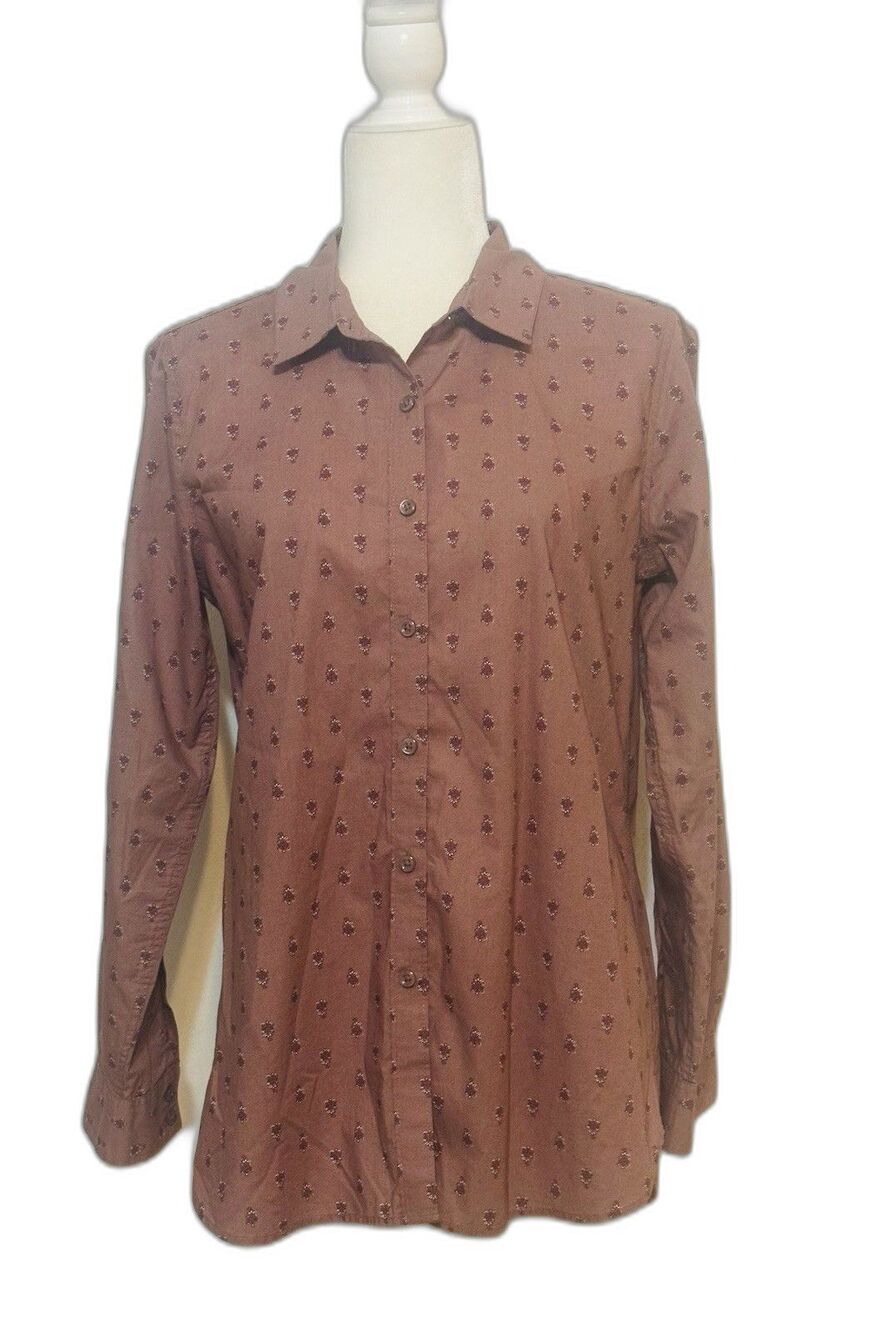 Garnet Hill Women Size 6 Organic Cotton Purple Floral Button Down Shirt Office